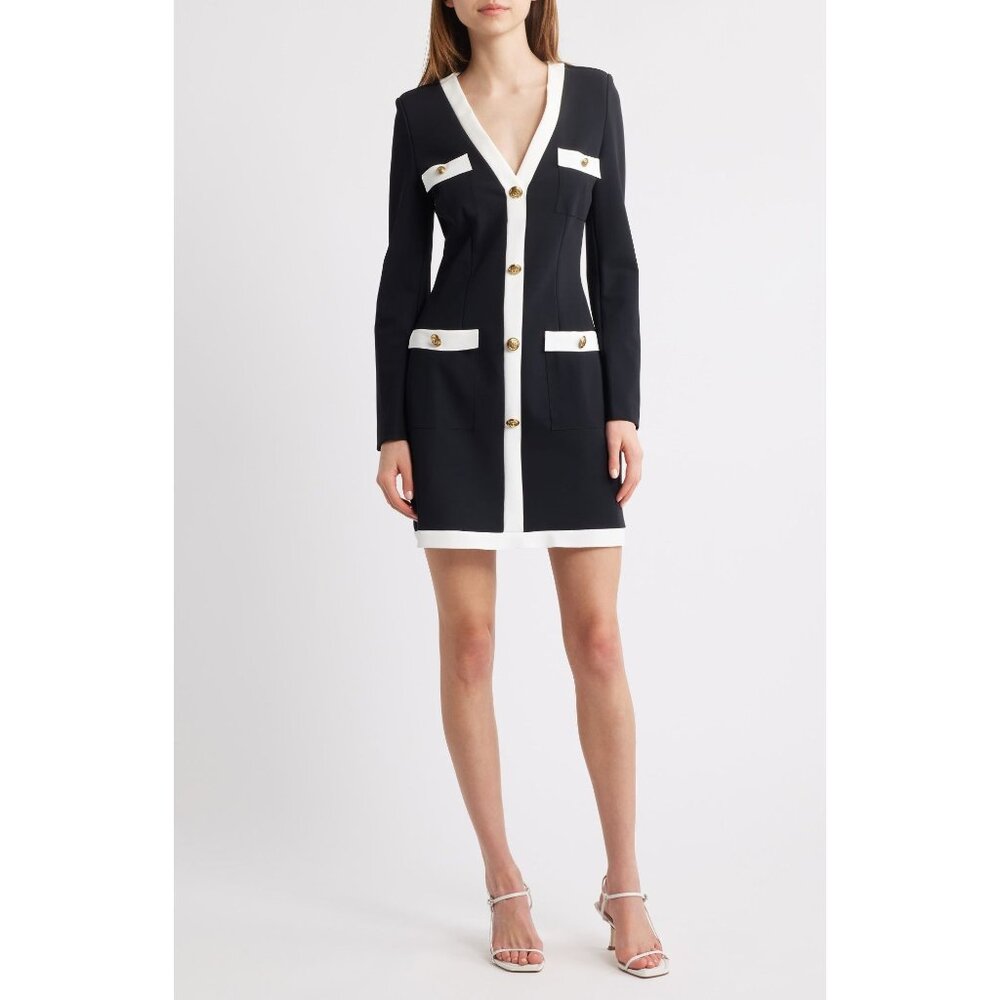 🆕CHIARA BONI Toluke Long Sleeve Mini Jersey Dress 6 Black & White